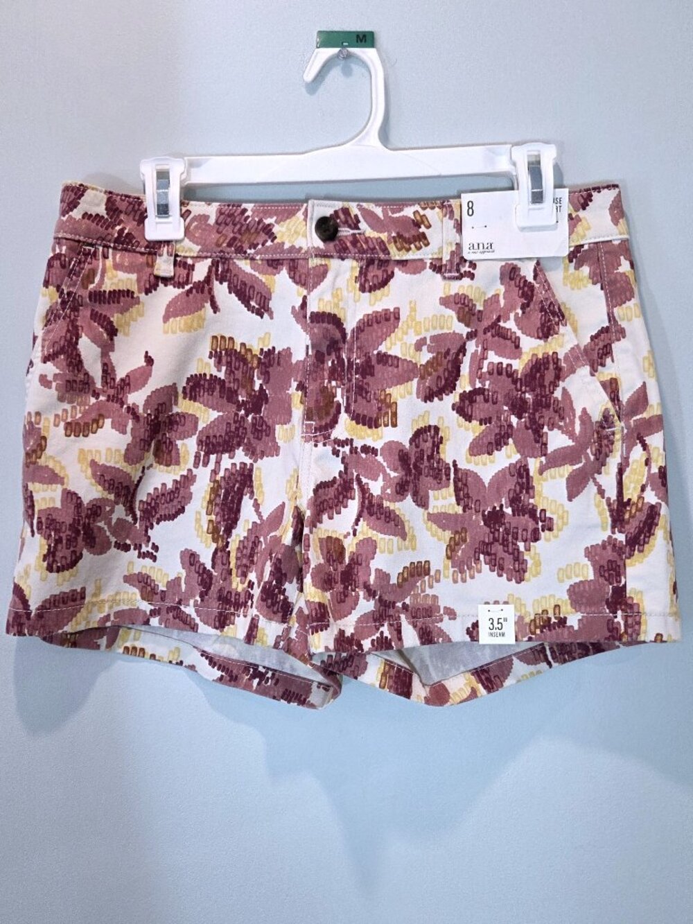 NWT A.N.A Mid-Rise Rose Floral Yellow & Maroon Shortie Short Size 8